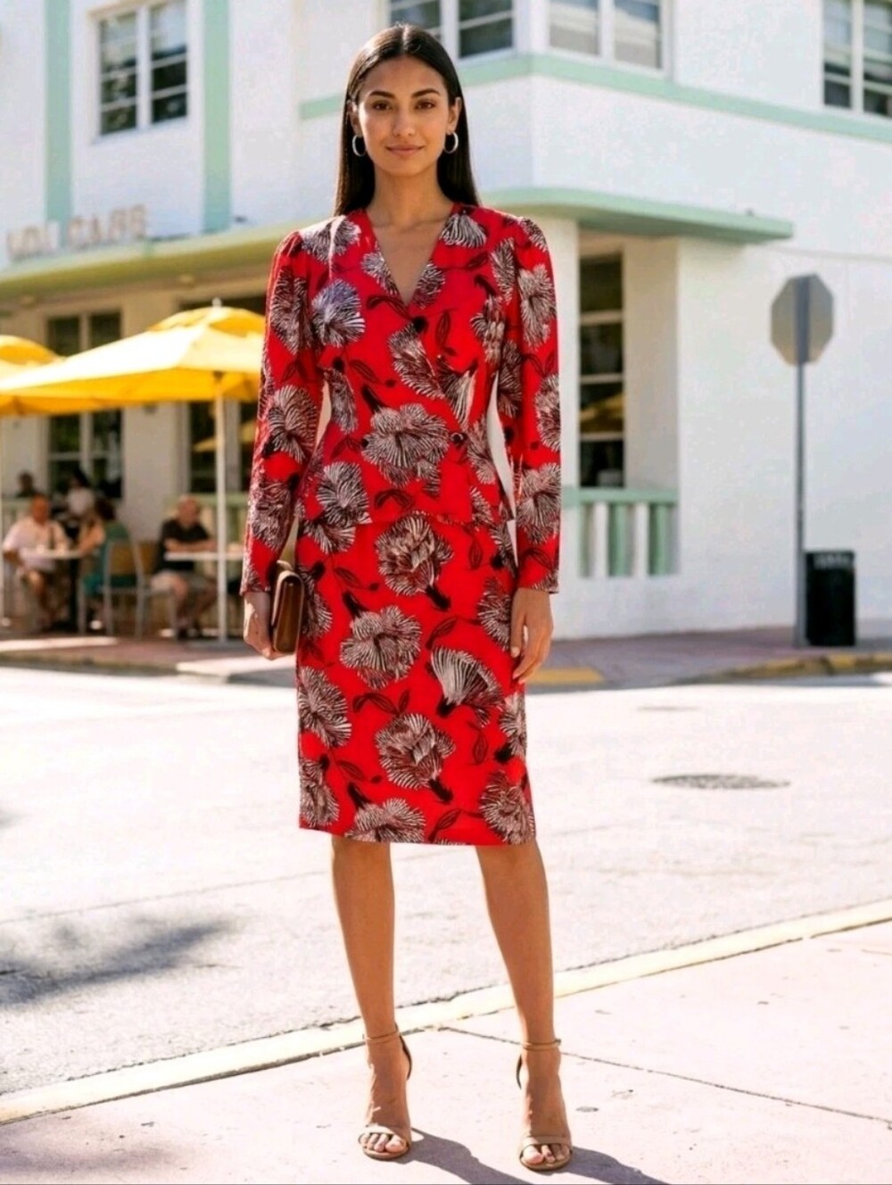 Vintage 80s Red Black Floral Silk Suit Sz 14 Double Breasted Midi Retro Cocktail